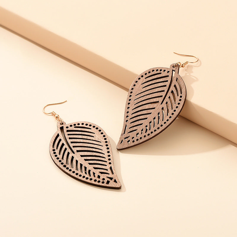 Wood Earrings Hollow Leaf Shape Exaggerated Sweet
