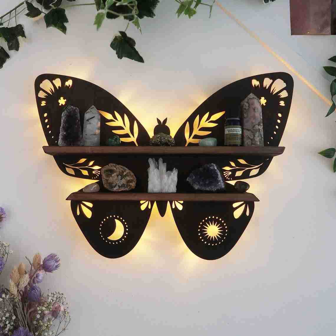 Wooden Butterfly Shelf European Wall Crystal Lamp