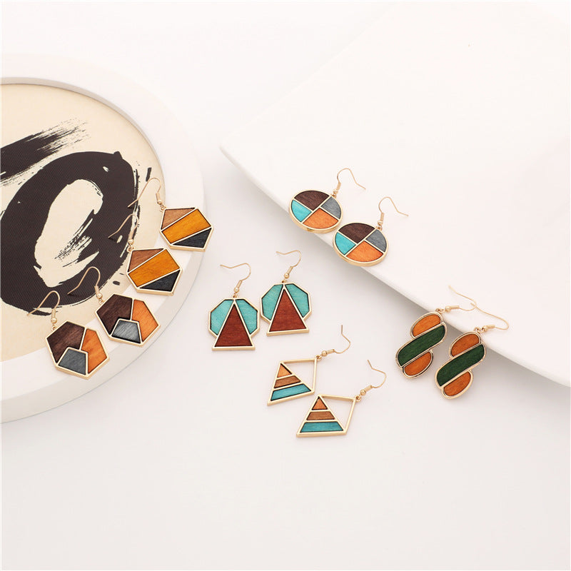 Hot Sale African Wood Earrings Geometric Contrast Color