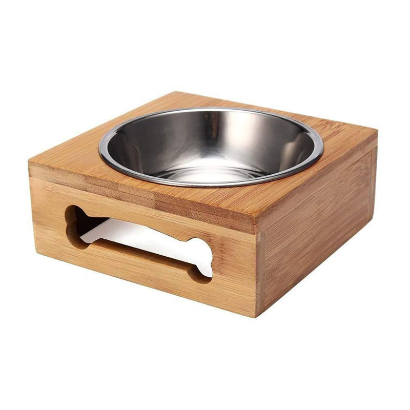 Pet Bamboo Cat Dog Solid Wood Single Bowl Stainless Steel Wooden Bowl Rack