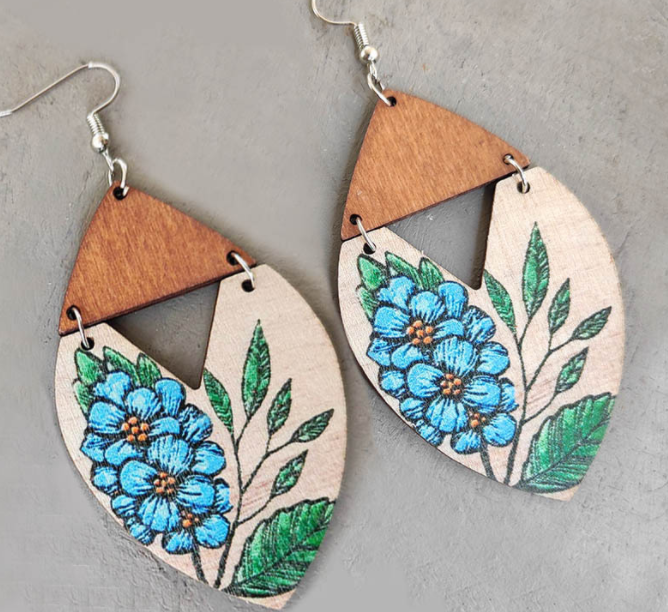 Bohemian Stripe Large Floral Patchwork Wood Earrings