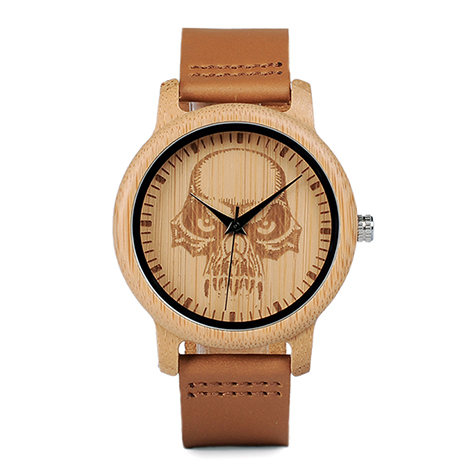 BOBO BIRD P24 Unisex Bamboo Wood Watch Halloween Skull Feature Design Mysterious Quartz Wristwatch with Skull Custom on Glass