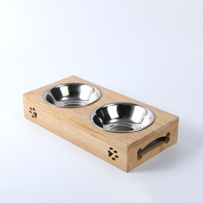 Pet Bamboo Cat Dog Solid Wood Single Bowl Stainless Steel Wooden Bowl Rack