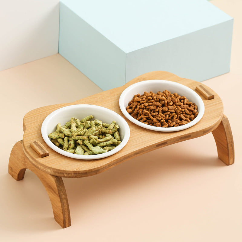 Pet Bowl Oblique Mouth High Foot Protection Spine Wooden Frame