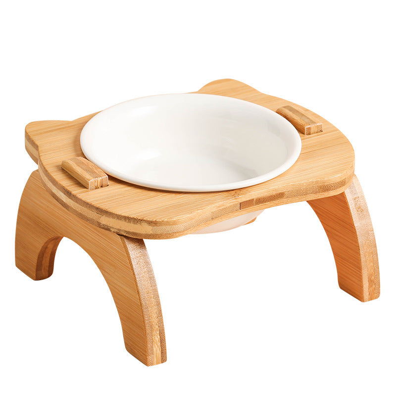 Pet Bowl Oblique Mouth High Foot Protection Spine Wooden Frame