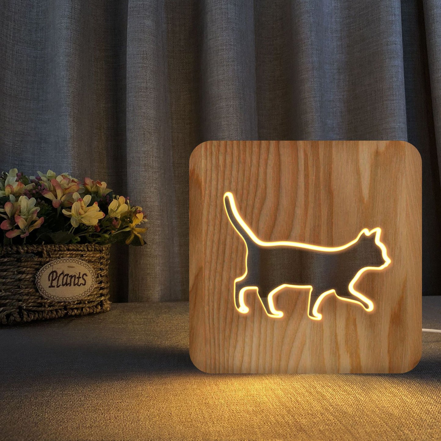 Animal Cat 3D Night Light Solid Wood Hollow