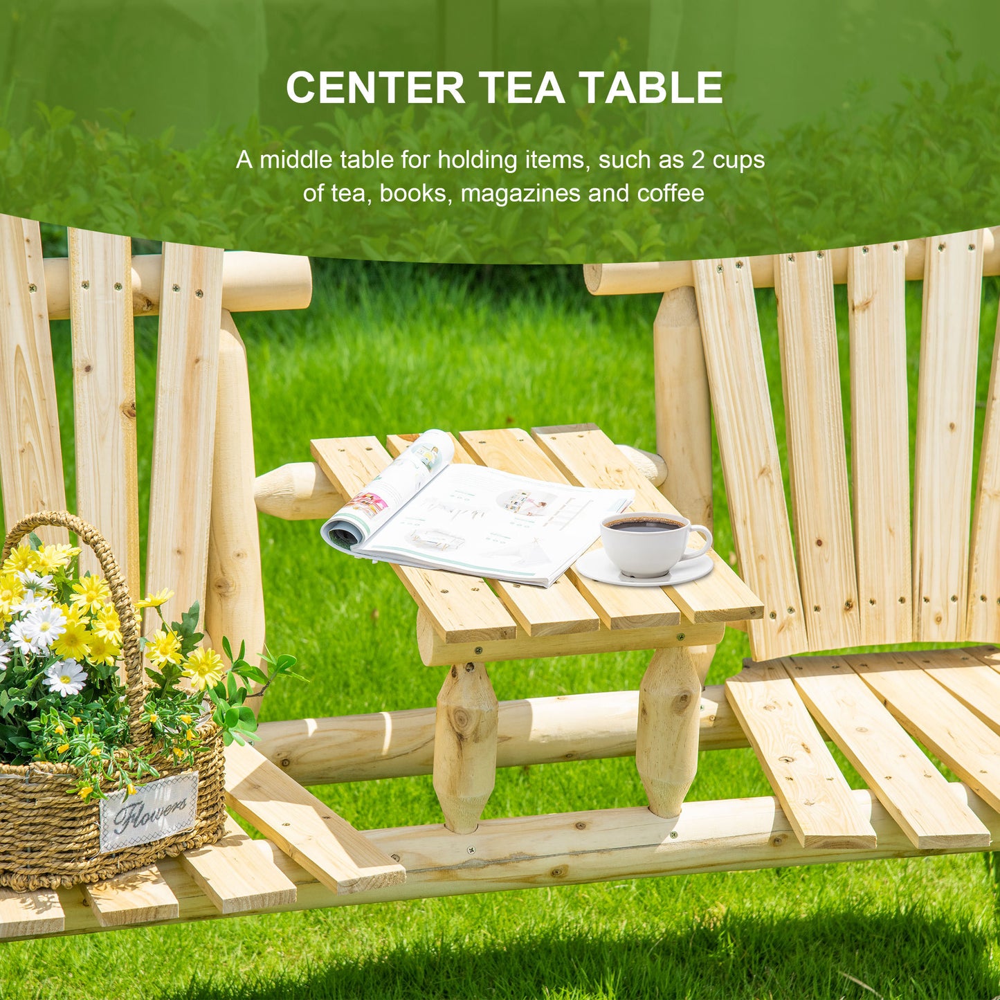 Wooden Adirondack Chair With Center Table, 2-Seat Garden Chair For Lounging And Relaxing Outdoors Natural