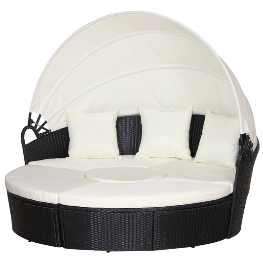 Five-Piece Rattan Garden Bed, With Canopy - Black/White