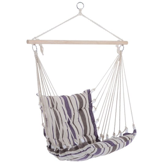 Outdoor Hanging Rope Chair With Soft Padded Seat & Backrest, Garden Hammock Chair With Wooden Support Bar Cotton Cloth, Portable Garden Chair For Patio & Tree, Brown