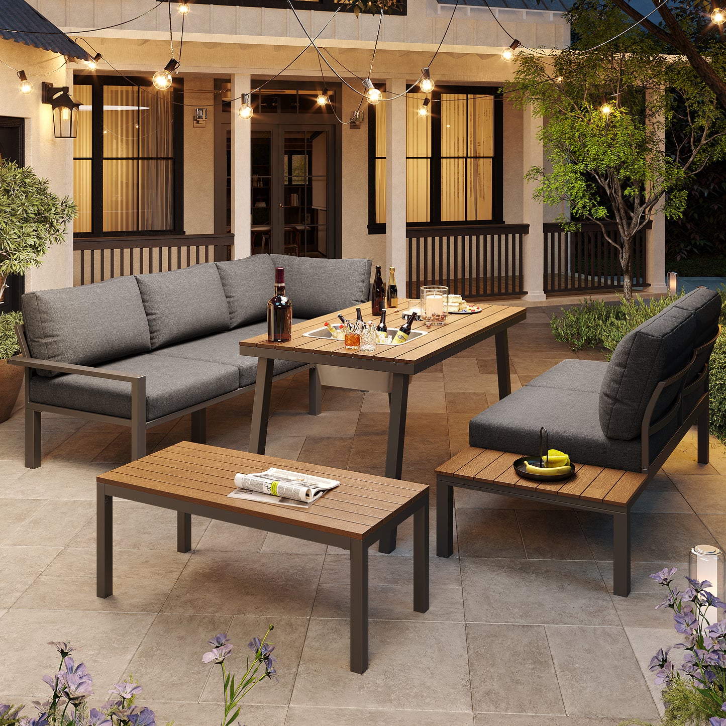 Outdoor Garden Lounge Furniture Set For 6-7 People, For Garden, Balcony, Terrace, All-weather Seating Set, Modern Garden Furniture Set, Galvanised Iron Frame, Table Top With Ice Bucket, Grey