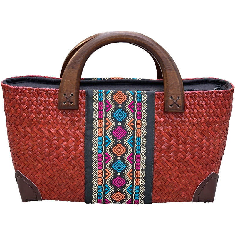 Handmade Straw Bag Rattan Wooden Handle Retro