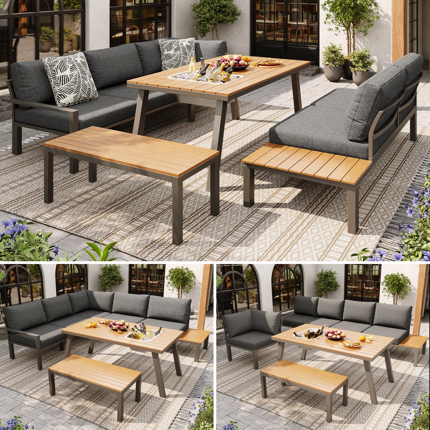Outdoor Garden Lounge Furniture Set For 6-7 People, For Garden, Balcony, Terrace, All-weather Seating Set, Modern Garden Furniture Set, Galvanised Iron Frame, Table Top With Ice Bucket, Grey