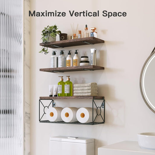 Wall-mounted Floating Rack With Storage Basket Wooden Bathroom Shelf
