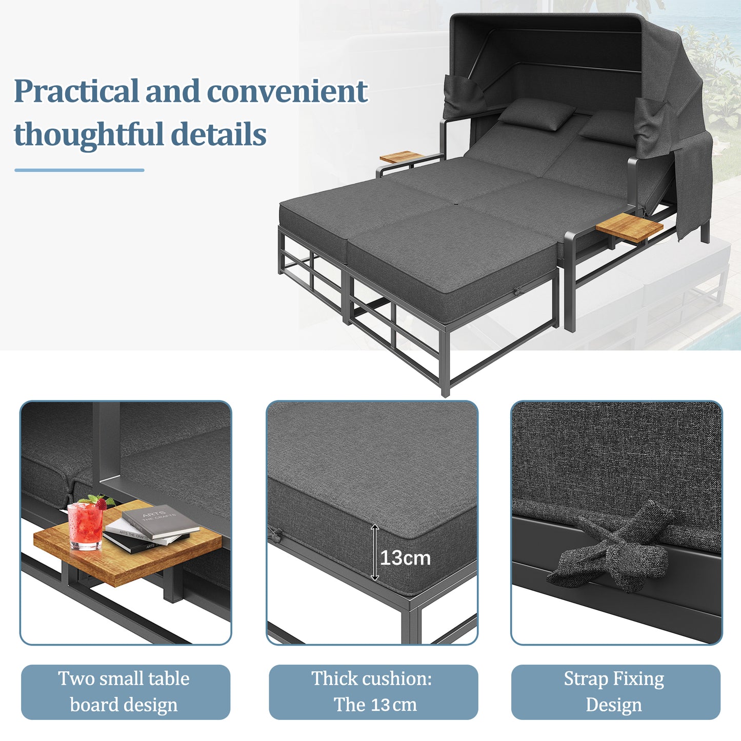 Garden Lounge Set For 2-4 People, Sun Lounger Set, Garden Lounger For 2 People With Foldable Sunshade, Outdoor Sofa Set, Dining Set For Terrace, Balcony, Garden, Indoor Outdoor Use