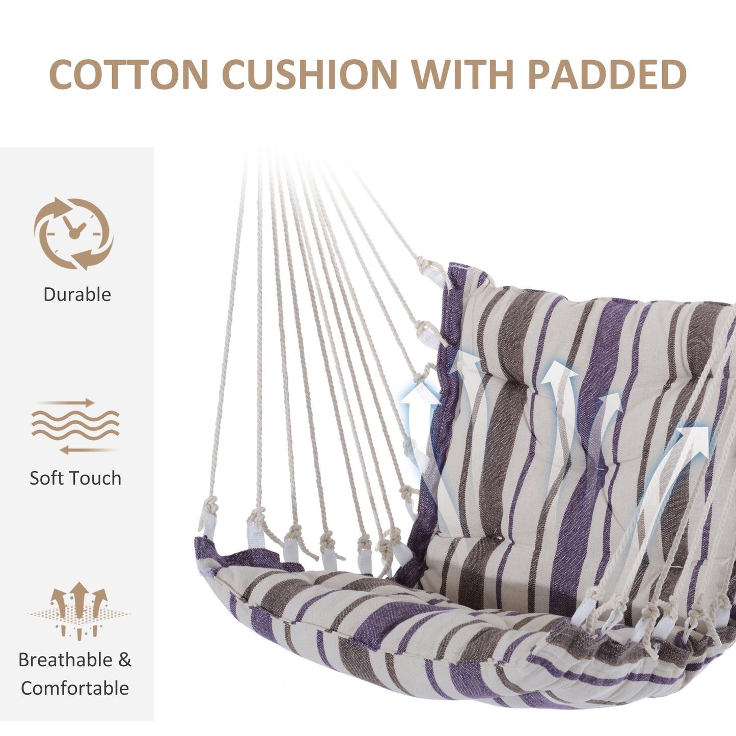 Outdoor Hanging Rope Chair With Soft Padded Seat & Backrest, Garden Hammock Chair With Wooden Support Bar Cotton Cloth, Portable Garden Chair For Patio & Tree, Brown