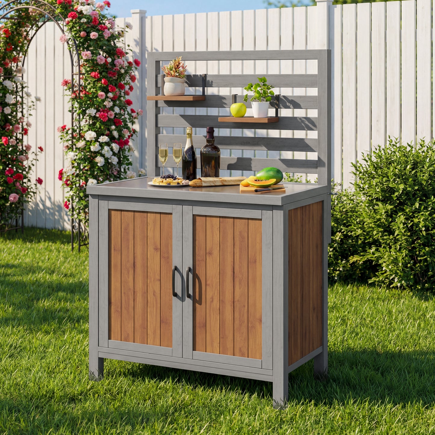 Weatherproof Wooden Garden Cabinet Tool Shed With Stainless Steel Worktop, Grill Station With Adjustable Shelves And Storage Compartments, Kitchen Cabinet For Patio, Balcony, Garden