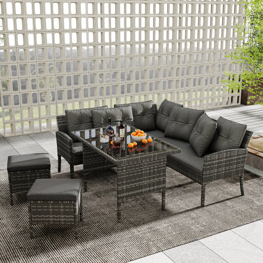 Garden Furniture Sets, Garden Sofa,Garden Corner Sofa Rattan Patio Set, 6-7 Seater Outdoor Patio Furniture,Lounge Corner Sofa Set With Table Stool, Mixed Grey Wicker With Dark Grey Cushions