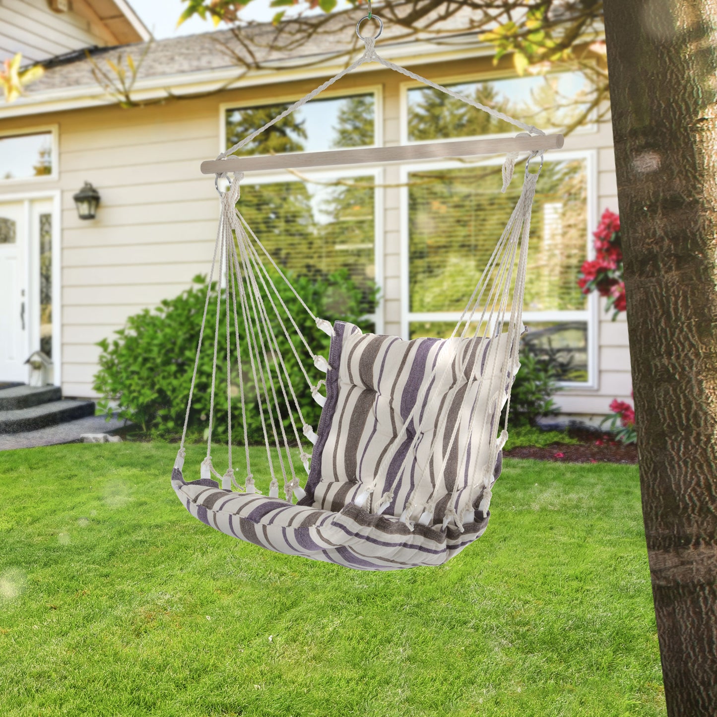 Outdoor Hanging Rope Chair With Soft Padded Seat & Backrest, Garden Hammock Chair With Wooden Support Bar Cotton Cloth, Portable Garden Chair For Patio & Tree, Brown