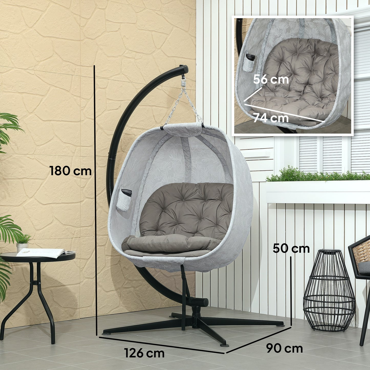 Hanging Egg Chair Outdoor Indoor Garden Swing Chair With Folding Basket, Garden Hanging Chair With Stand, Thickened Cushion, Cup Holder For Patio, Balcony, Sand Brown