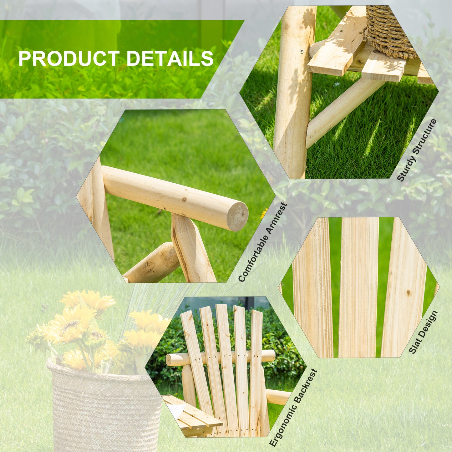 Wooden Adirondack Chair With Center Table, 2-Seat Garden Chair For Lounging And Relaxing Outdoors Natural