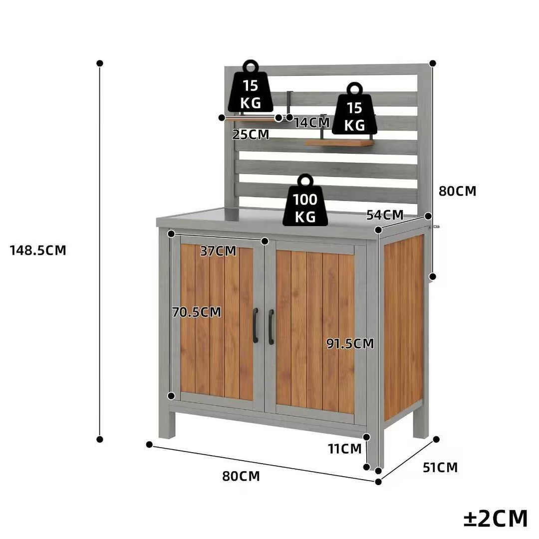 Weatherproof Wooden Garden Cabinet Tool Shed With Stainless Steel Worktop, Grill Station With Adjustable Shelves And Storage Compartments, Kitchen Cabinet For Patio, Balcony, Garden