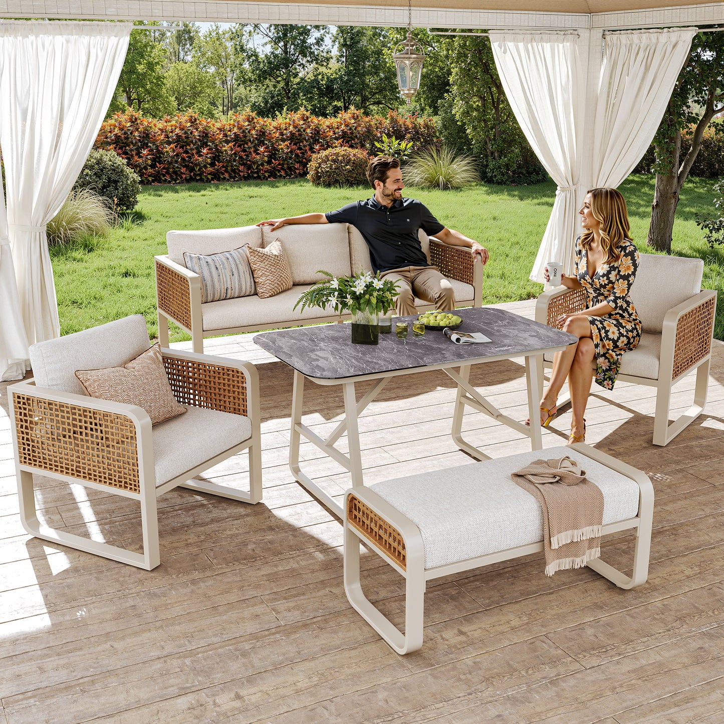 Garden Lounge Set For 6-7 People, PE Rattan Seating Group Incl. Side Table, Garden Sofa With Washable Cushions, Adjustable Feet For Terrace, Balcony, Garden, Beige