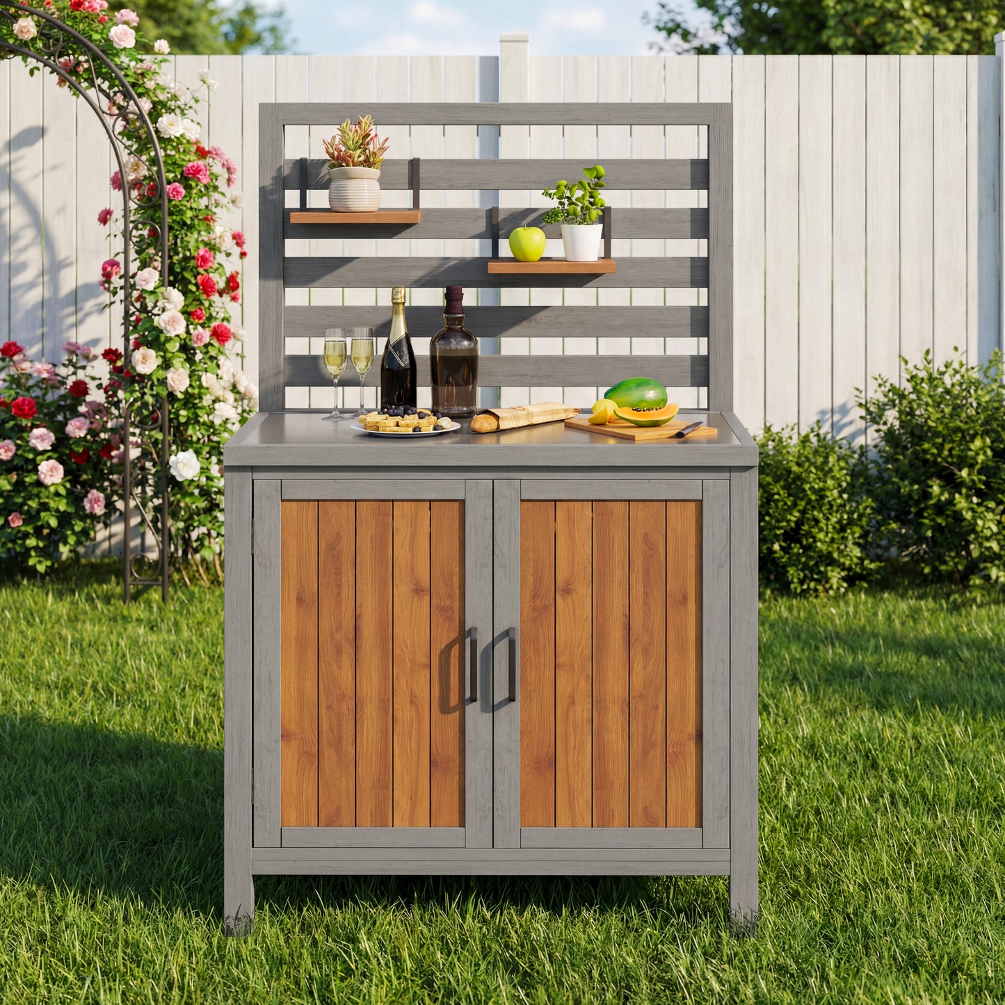 Weatherproof Wooden Garden Cabinet Tool Shed With Stainless Steel Worktop, Grill Station With Adjustable Shelves And Storage Compartments, Kitchen Cabinet For Patio, Balcony, Garden