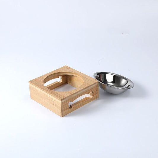 Pet Bamboo Cat Dog Solid Wood Single Bowl Stainless Steel Wooden Bowl Rack