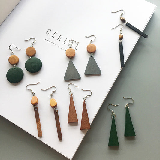 Korean Simple Earrings Retro Hit Color Geometric Wood Earrings Tassel Long Original Wood Earrings Female