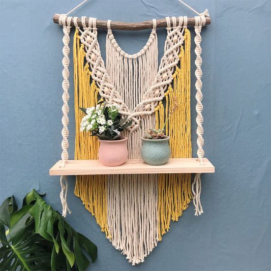 Simple Solid Wood Decoration On Woven Tapestry Shelf