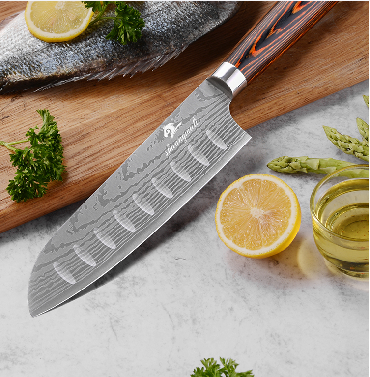 8 Inch Kitchen Knife Imitation Damascus Big Wavy Color Wood Handle 7Cr17 Stainless Steel Knife