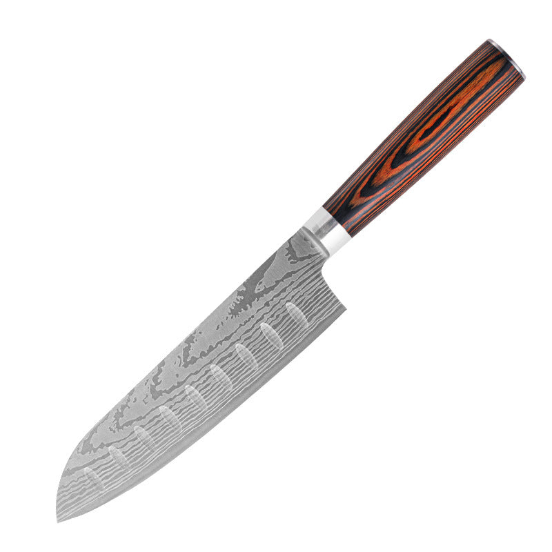 8 Inch Kitchen Knife Imitation Damascus Big Wavy Color Wood Handle 7Cr17 Stainless Steel Knife