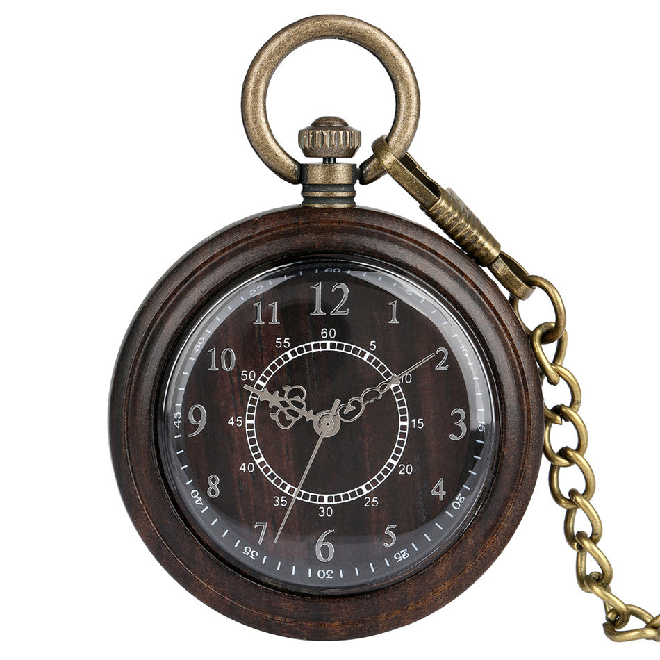 Wooden Creative Double Circle Digital Face Green Ancient Thick Chain Men And Women Quartz Wood Pocket Watch