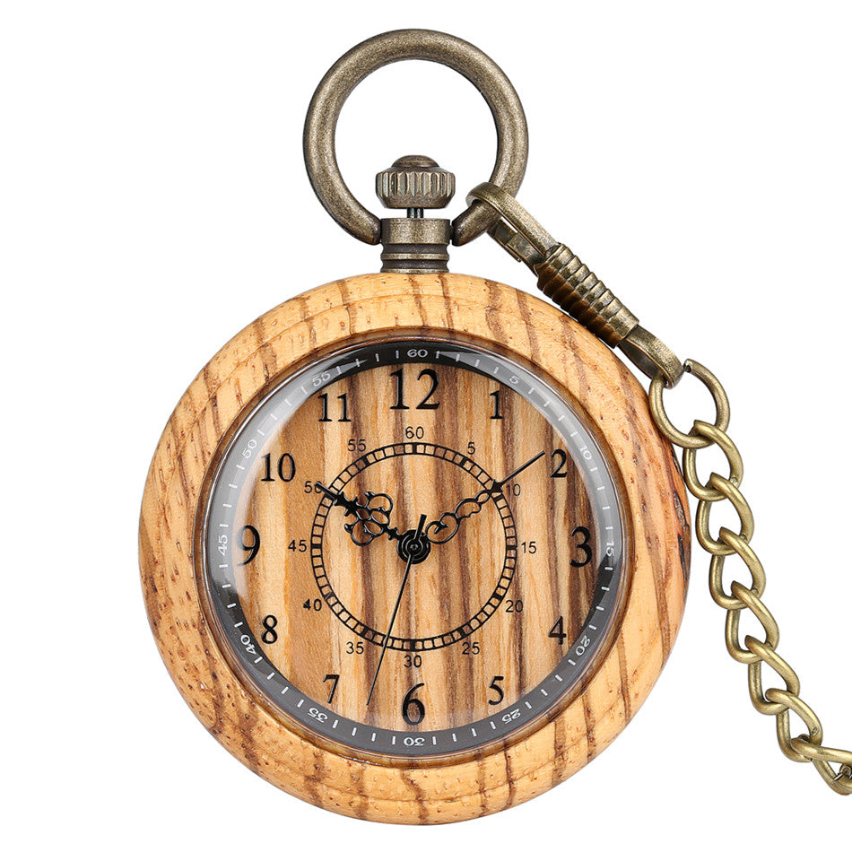 Wooden Creative Double Circle Digital Face Green Ancient Thick Chain Men And Women Quartz Wood Pocket Watch