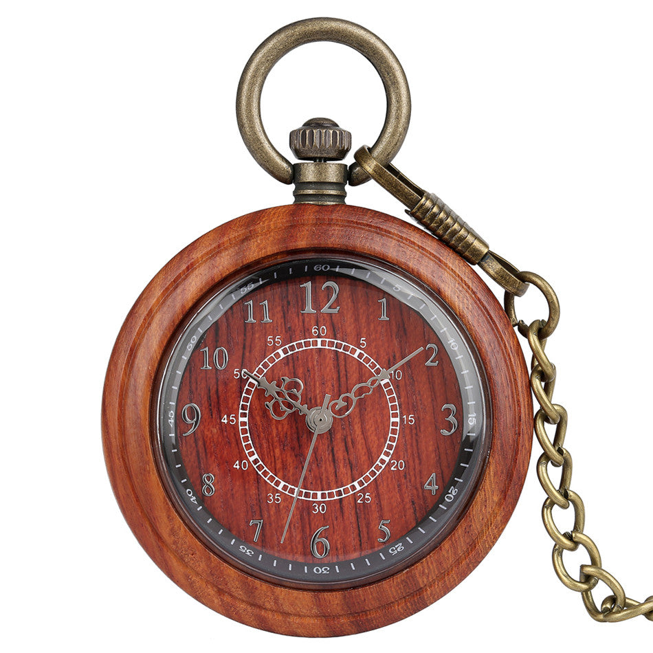 Wooden Creative Double Circle Digital Face Green Ancient Thick Chain Men And Women Quartz Wood Pocket Watch