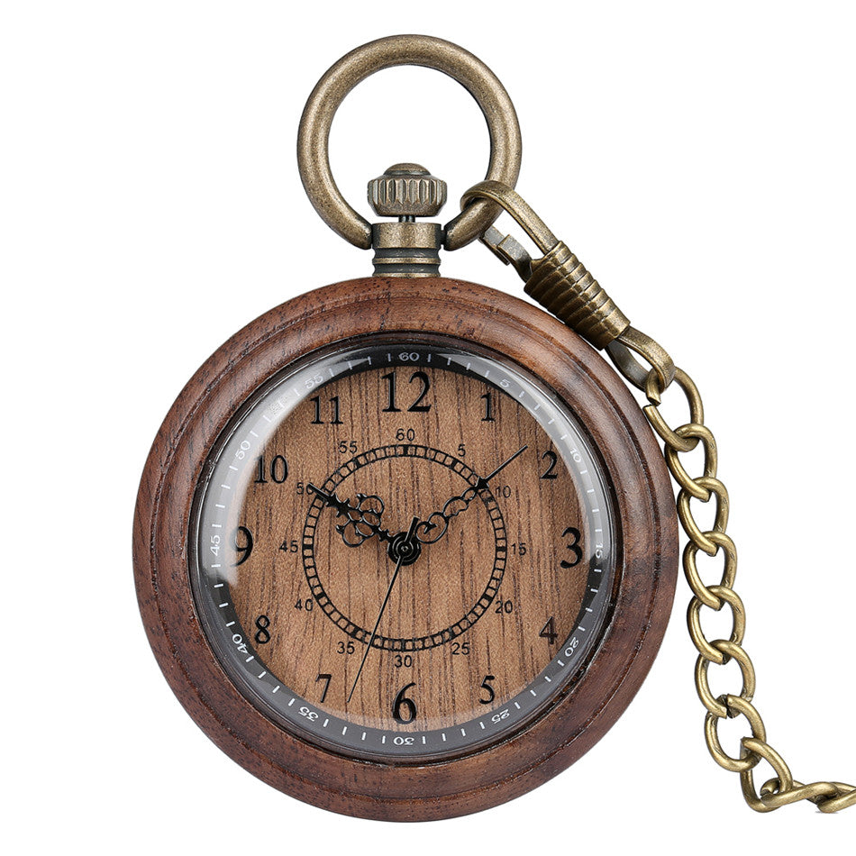 Wooden Creative Double Circle Digital Face Green Ancient Thick Chain Men And Women Quartz Wood Pocket Watch