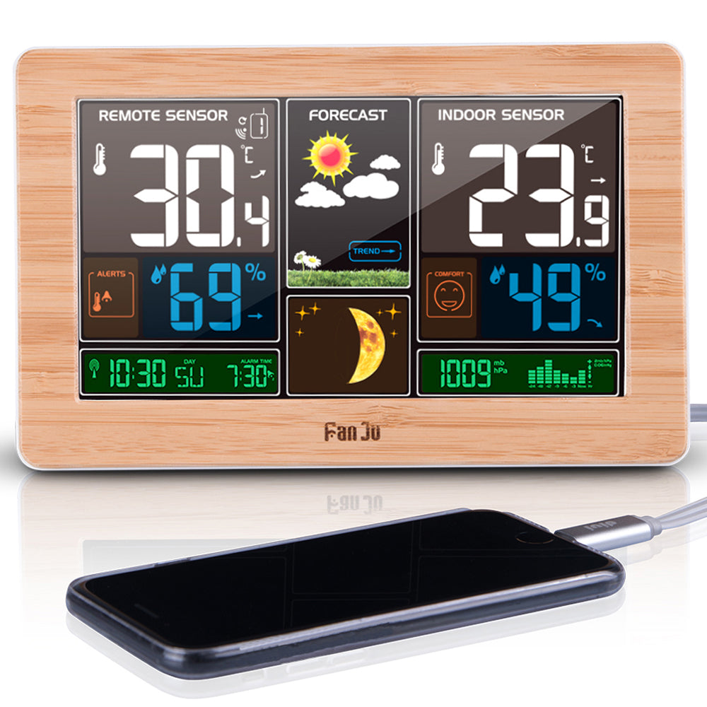 Multifunctional Weather Clock 3378 Bamboo Surface Wood Grain Thermometer