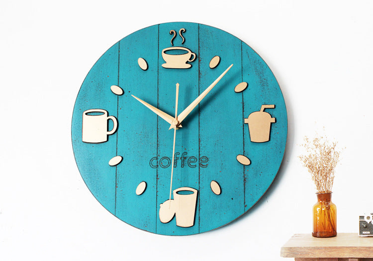 Retro Pastoral Leisure Creative Wood Coffee Cup Wall Clock