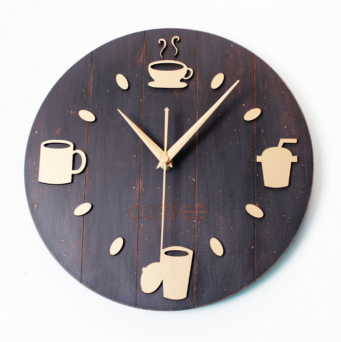 Retro Pastoral Leisure Creative Wood Coffee Cup Wall Clock