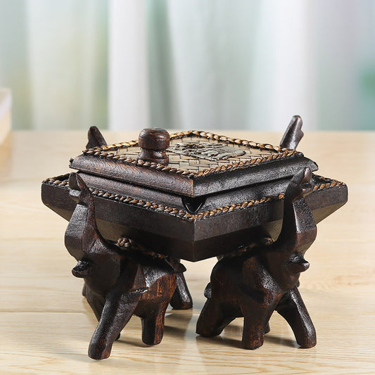 Thai Solid Wood Ashtray Covered Wood Carving Decoration Crafts