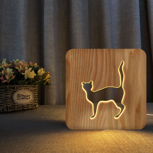 Animal Cat 3D Night Light Solid Wood Hollow