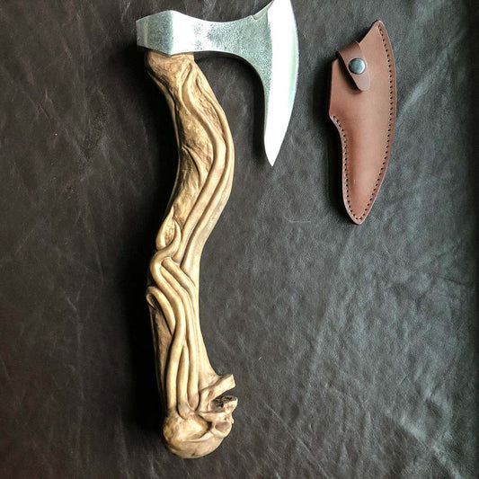 Hand Carved Skull Axe Rubber Wood Skull Axe Handle